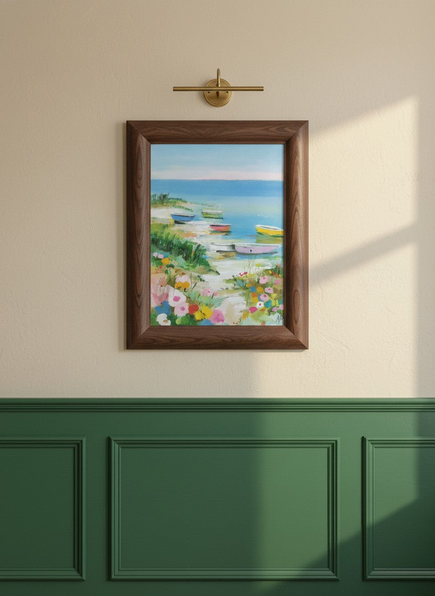 Colorful Coastal Boats Wildflowers art print shown in a forest green walnut setting