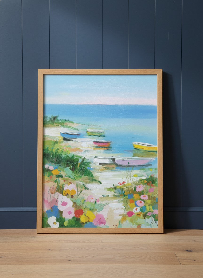 Colorful Coastal Boats Wildflowers art print