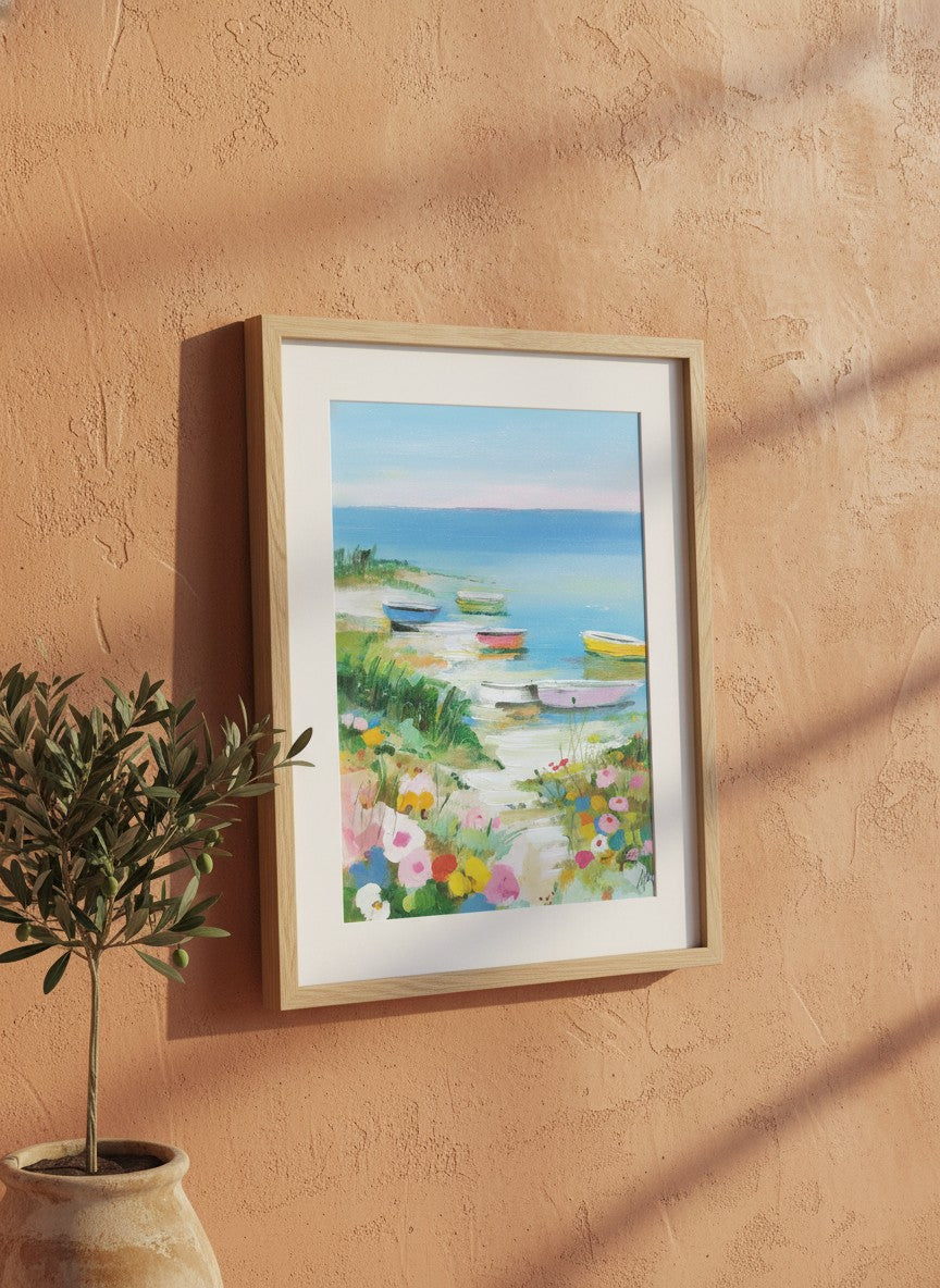 Colorful Coastal Boats Wildflowers art print shown in a terracotta rustic setting