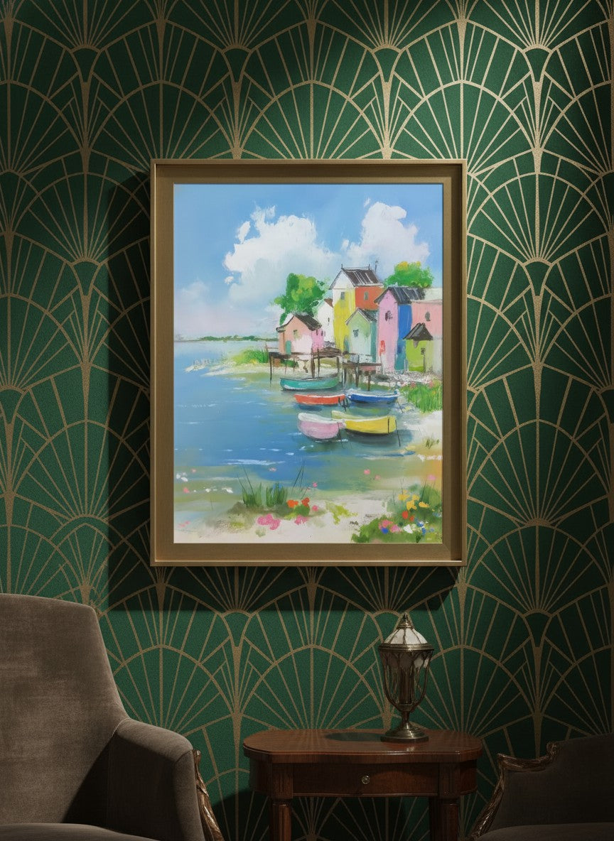 Colorful Coastal Village Painting art print shown in a art deco geometric setting