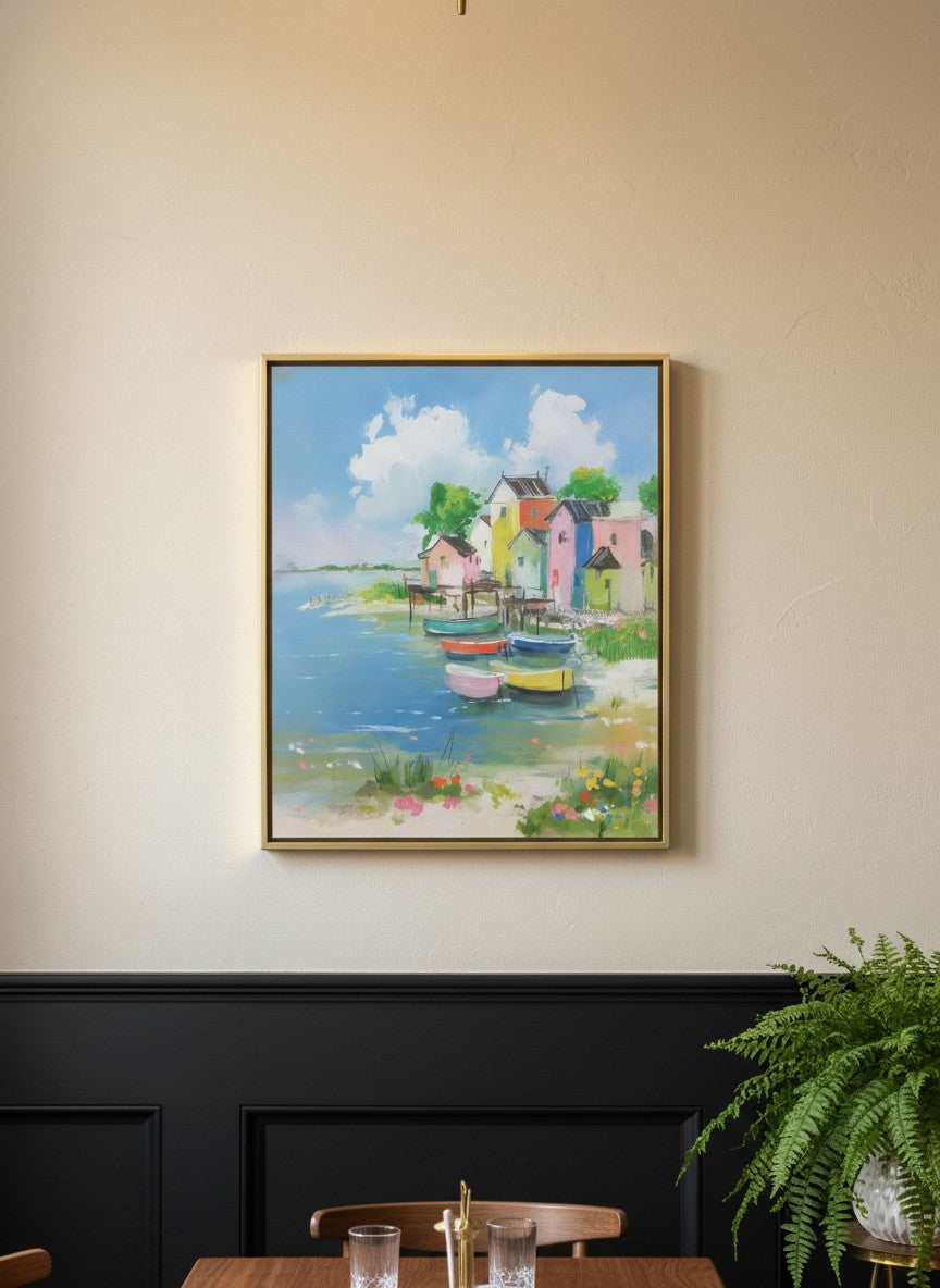 Colorful Coastal Village Painting art print shown in a black wainscoting gold setting