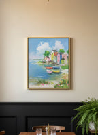 Colorful Coastal Village Painting art print shown in a black wainscoting gold setting