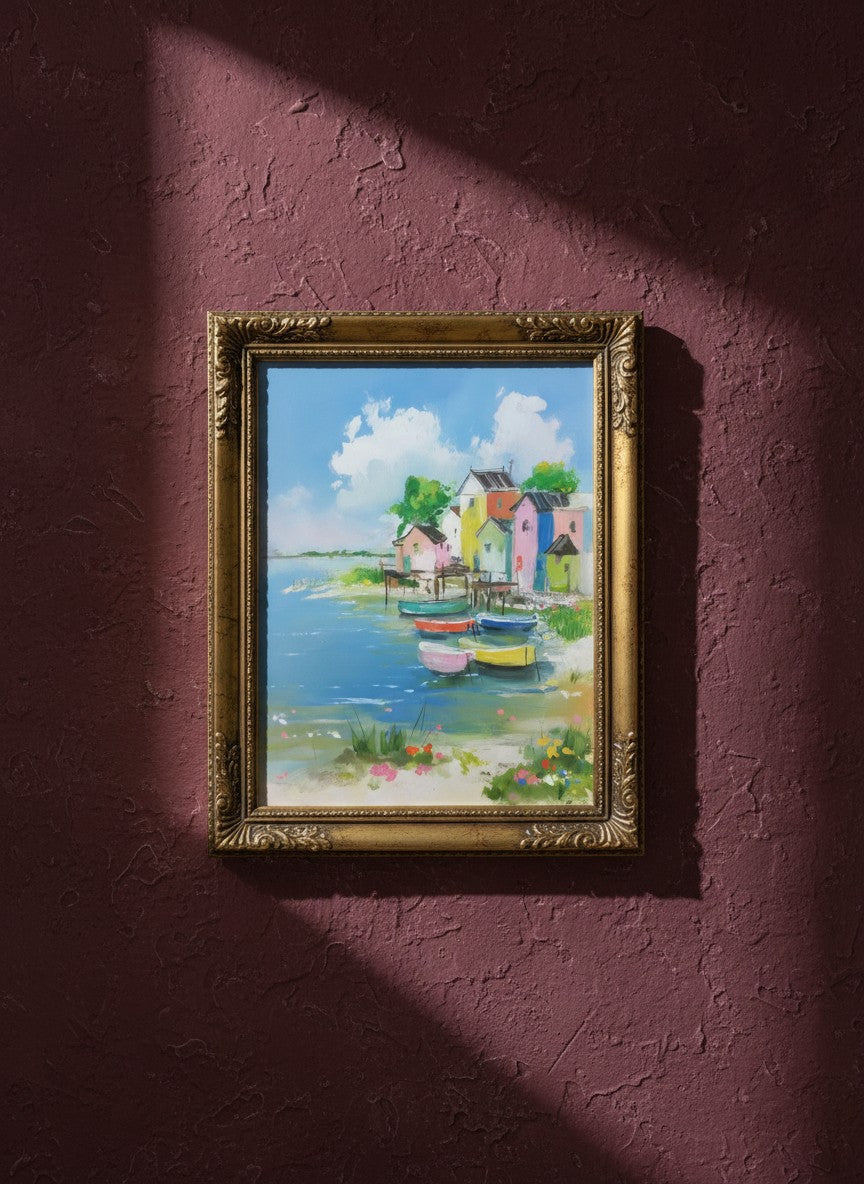Colorful Coastal Village Painting art print shown in a burgundy brass setting