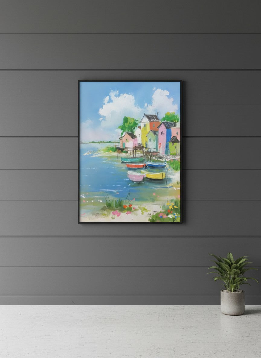 Colorful Coastal Village Painting art print shown in a charcoal minimal black setting