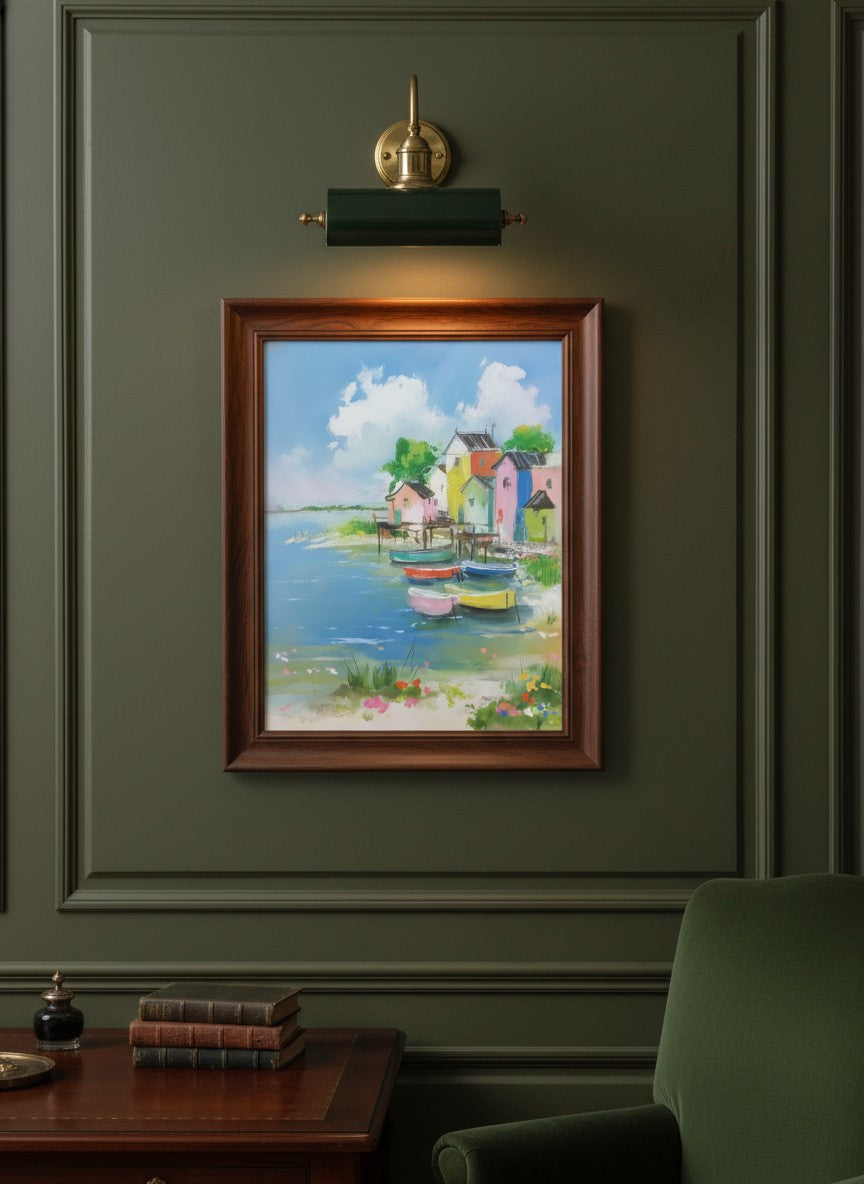 Colorful Coastal Village Painting art print shown in a dark olive study setting