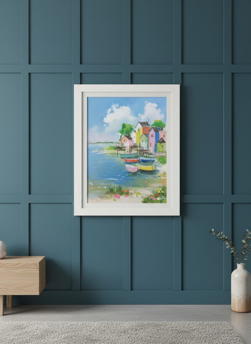Colorful Coastal Village Painting art print shown in a deep teal modern setting