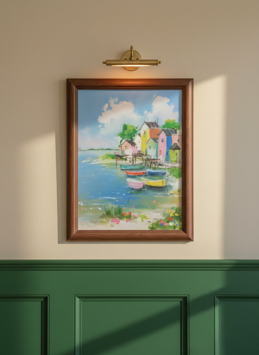 Colorful Coastal Village Painting art print shown in a forest green walnut setting