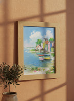Colorful Coastal Village Painting art print shown in a terracotta rustic setting