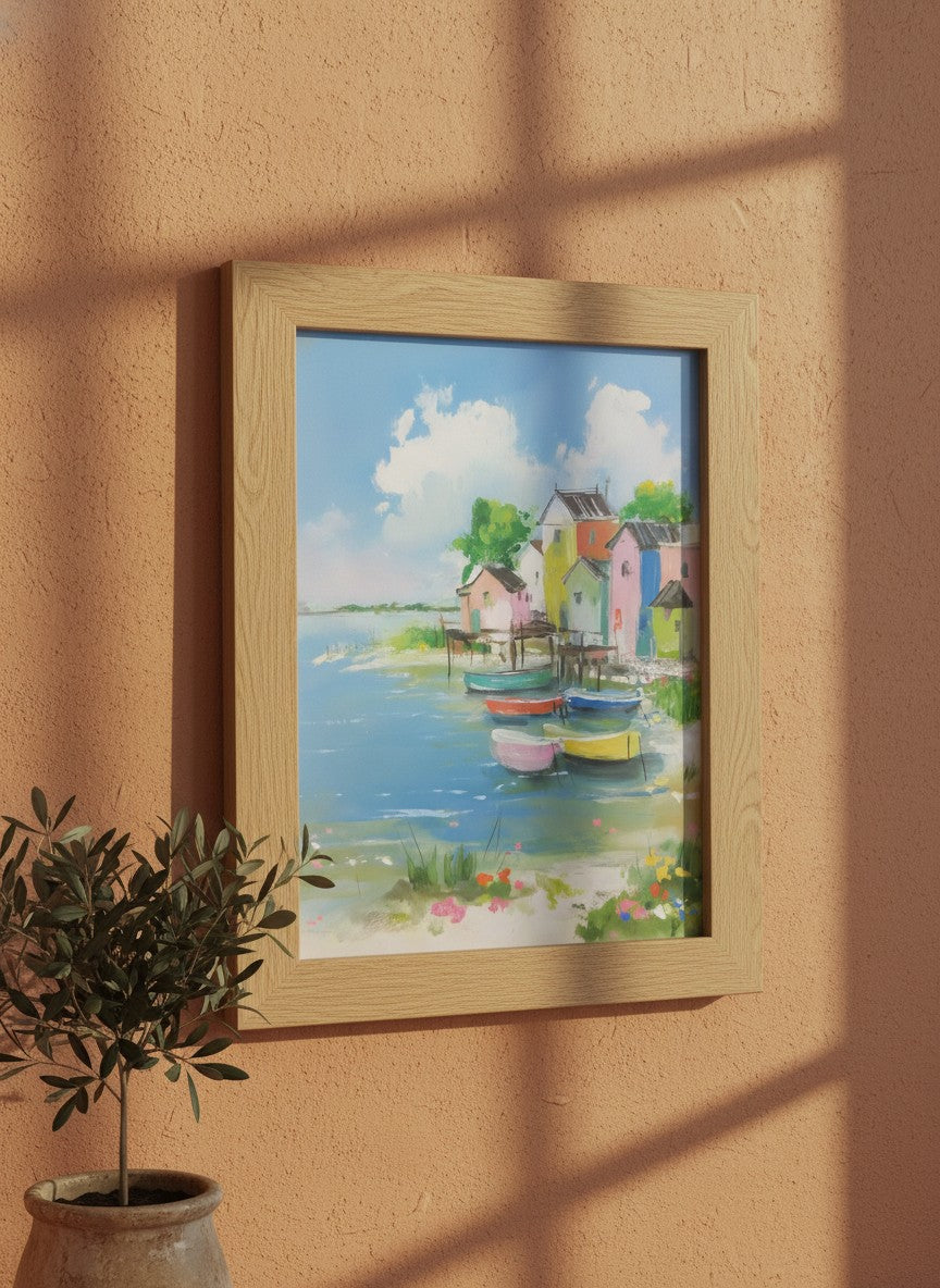 Colorful Coastal Village Painting art print shown in a terracotta rustic setting