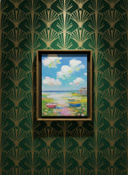 Coastal Wildflower Boats Painting art print shown in a art deco geometric setting