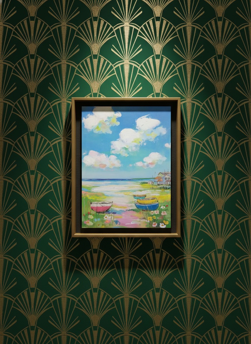 Coastal Wildflower Boats Painting art print shown in a art deco geometric setting
