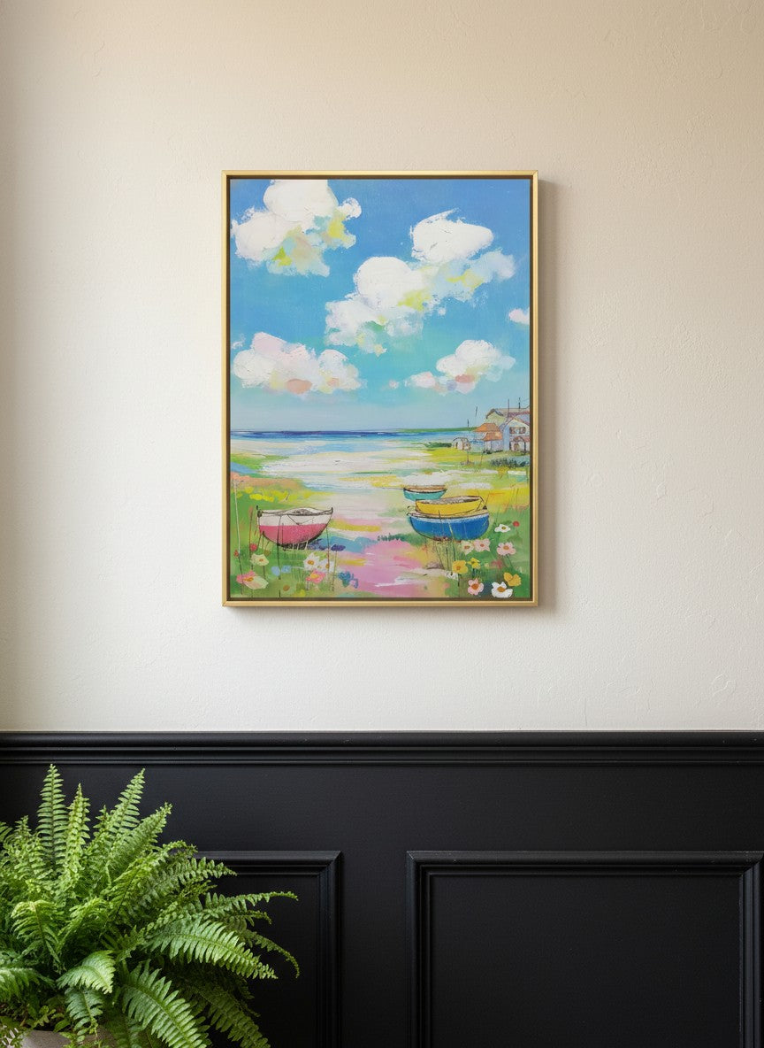 Coastal Wildflower Boats Painting art print shown in a black wainscoting gold setting