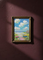 Coastal Wildflower Boats Painting art print shown in a burgundy brass setting
