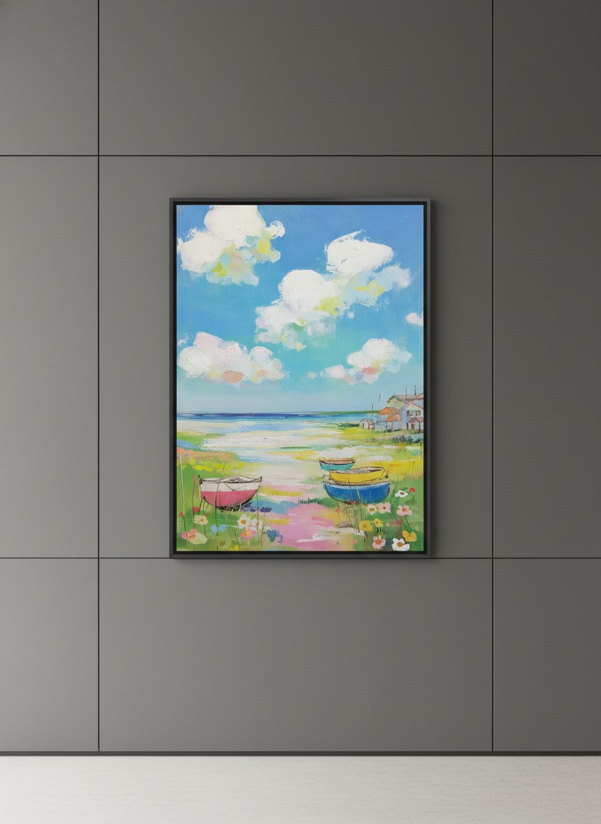 Coastal Wildflower Boats Painting art print shown in a charcoal minimal black setting