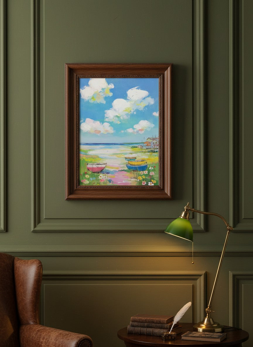 Coastal Wildflower Boats Painting art print shown in a dark olive study setting