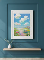 Coastal Wildflower Boats Painting art print shown in a deep teal modern setting