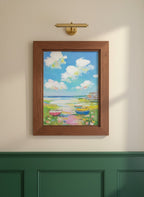 Coastal Wildflower Boats Painting art print shown in a forest green walnut setting