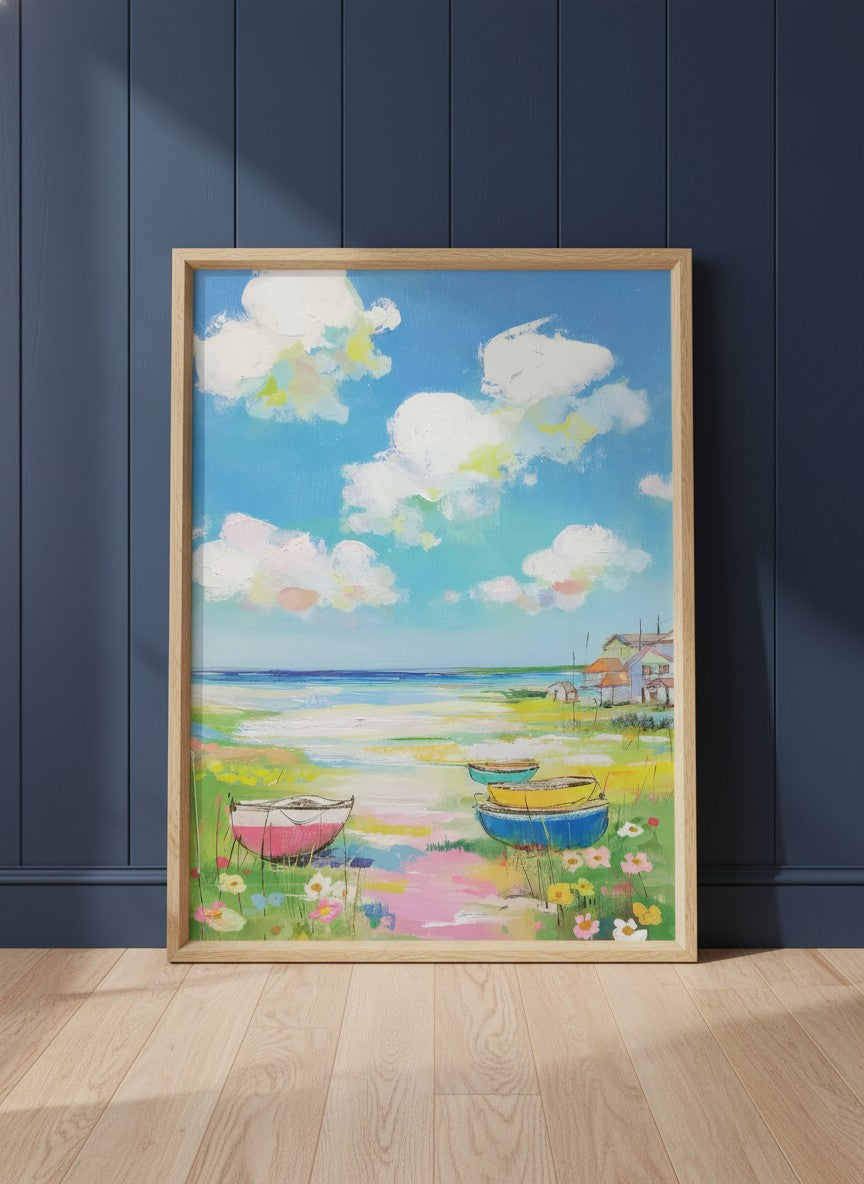 Coastal Wildflower Boats Painting art print