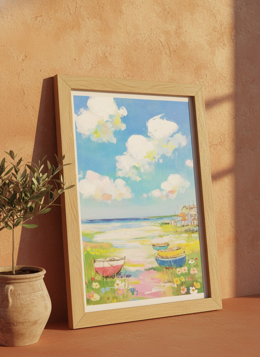 Coastal Wildflower Boats Painting art print shown in a terracotta rustic setting