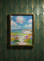 Coastal Wildflower Beach Painting art print shown in a art deco geometric setting