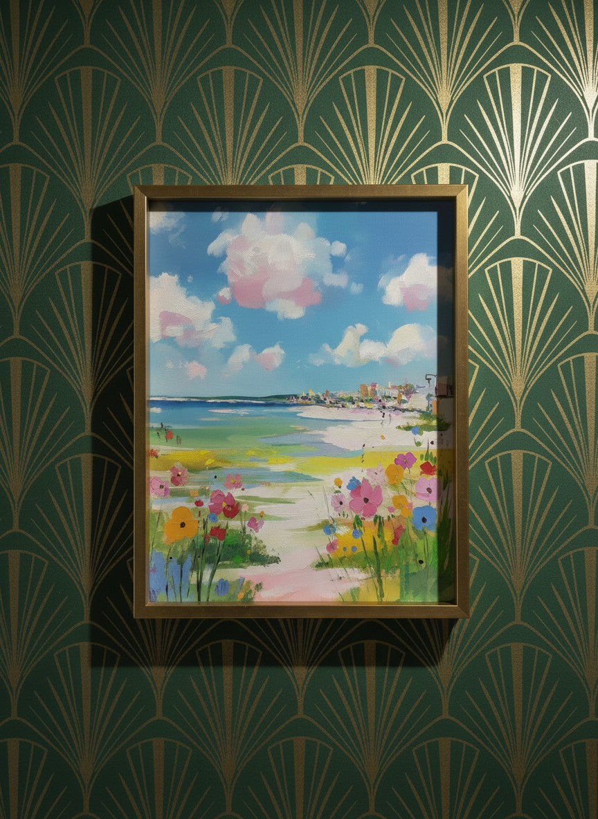 Coastal Wildflower Beach Painting art print shown in a art deco geometric setting