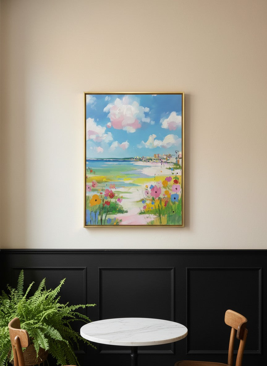 Coastal Wildflower Beach Painting art print shown in a black wainscoting gold setting