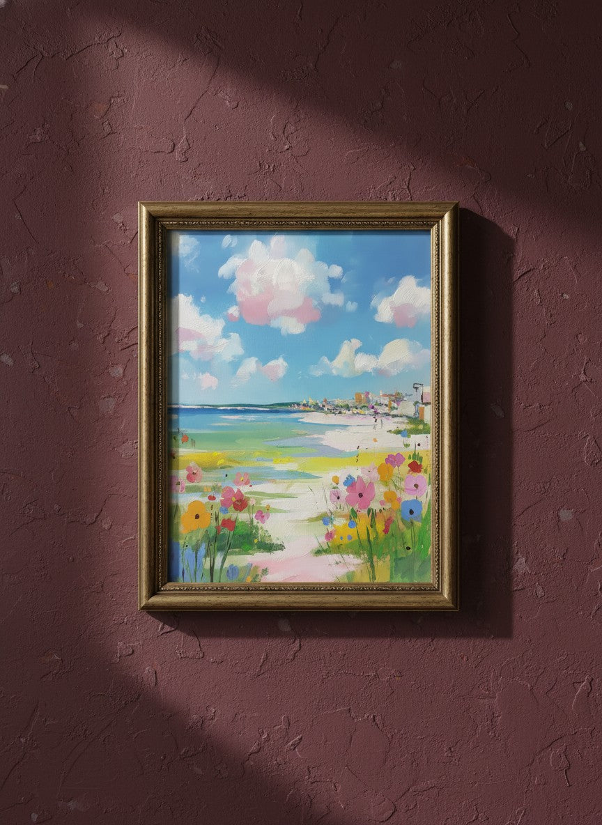 Coastal Wildflower Beach Painting art print shown in a burgundy brass setting