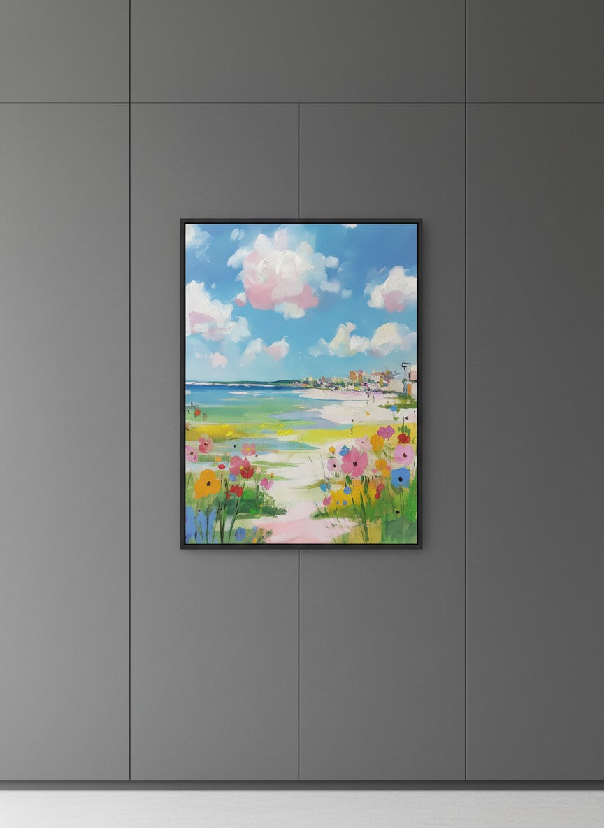 Coastal Wildflower Beach Painting art print shown in a charcoal minimal black setting