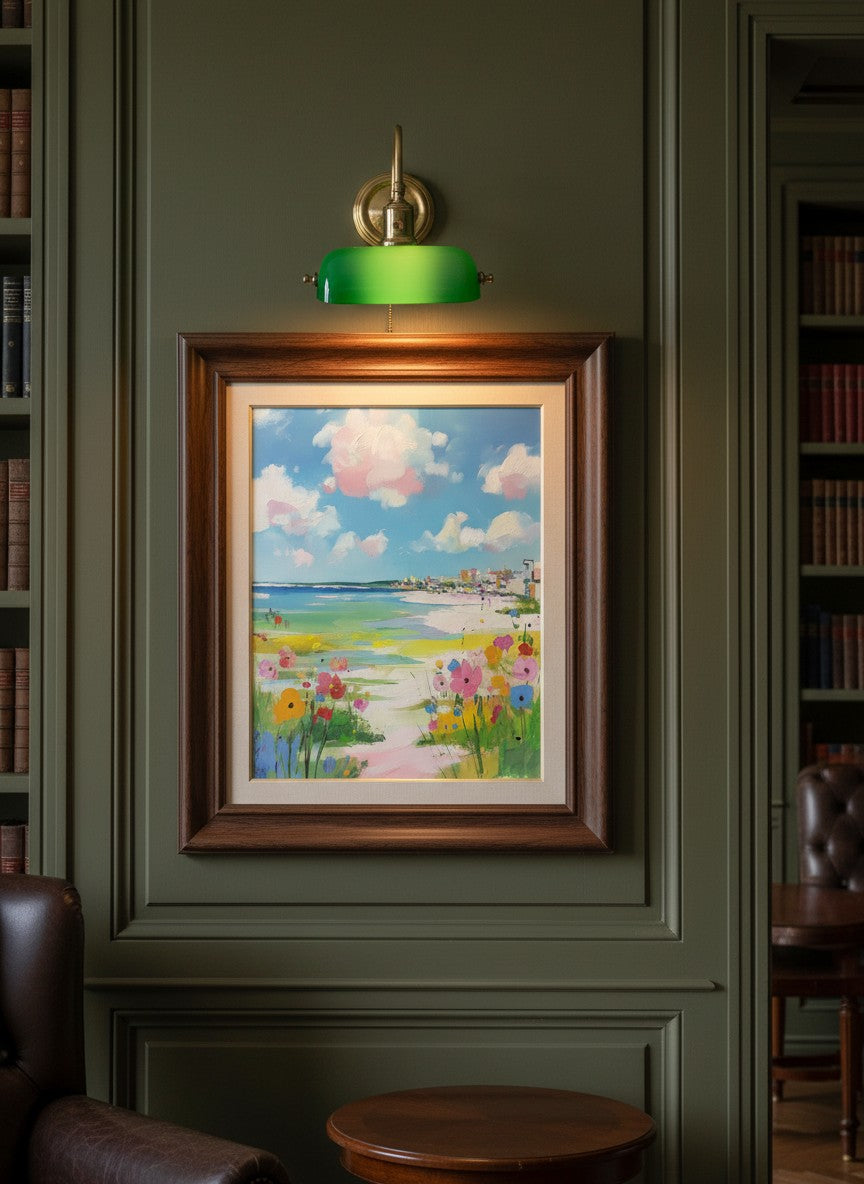 Coastal Wildflower Beach Painting art print shown in a dark olive study setting