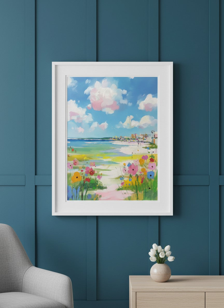 Coastal Wildflower Beach Painting art print shown in a deep teal modern setting