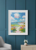 Coastal Wildflower Beach Painting art print shown in a deep teal modern setting