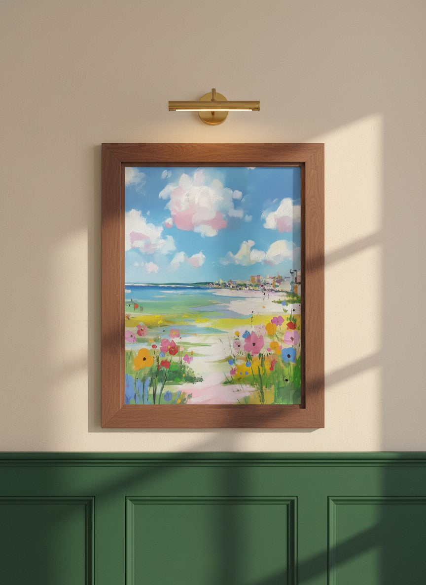 Coastal Wildflower Beach Painting art print shown in a forest green walnut setting