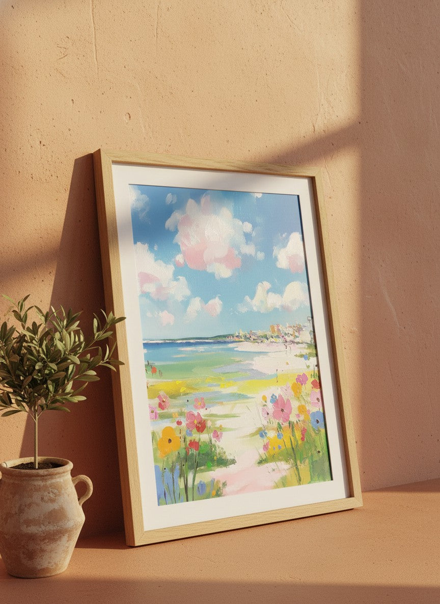 Coastal Wildflower Beach Painting art print shown in a terracotta rustic setting
