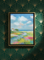 Coastal Wildflower Meadow Landscape art print shown in a art deco geometric setting