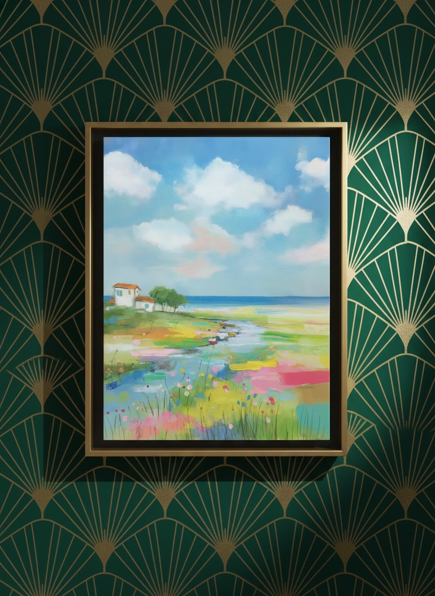 Coastal Wildflower Meadow Landscape art print shown in a art deco geometric setting