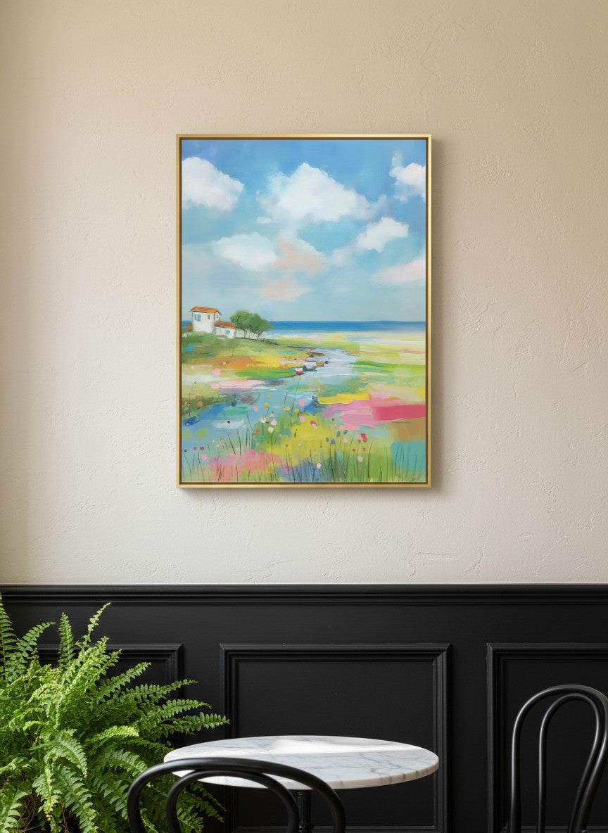 Coastal Wildflower Meadow Landscape art print shown in a black wainscoting gold setting