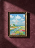 Coastal Wildflower Meadow Landscape art print shown in a burgundy brass setting