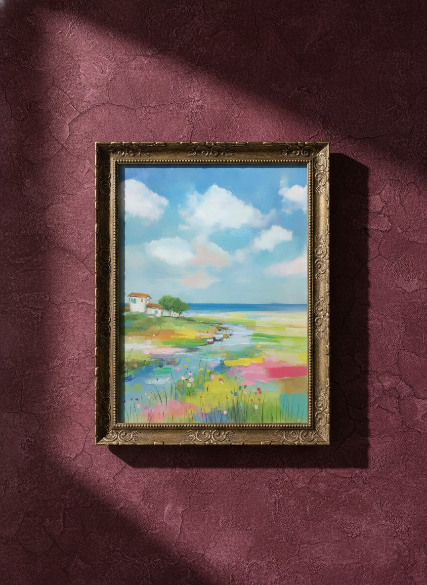 Coastal Wildflower Meadow Landscape art print shown in a burgundy brass setting