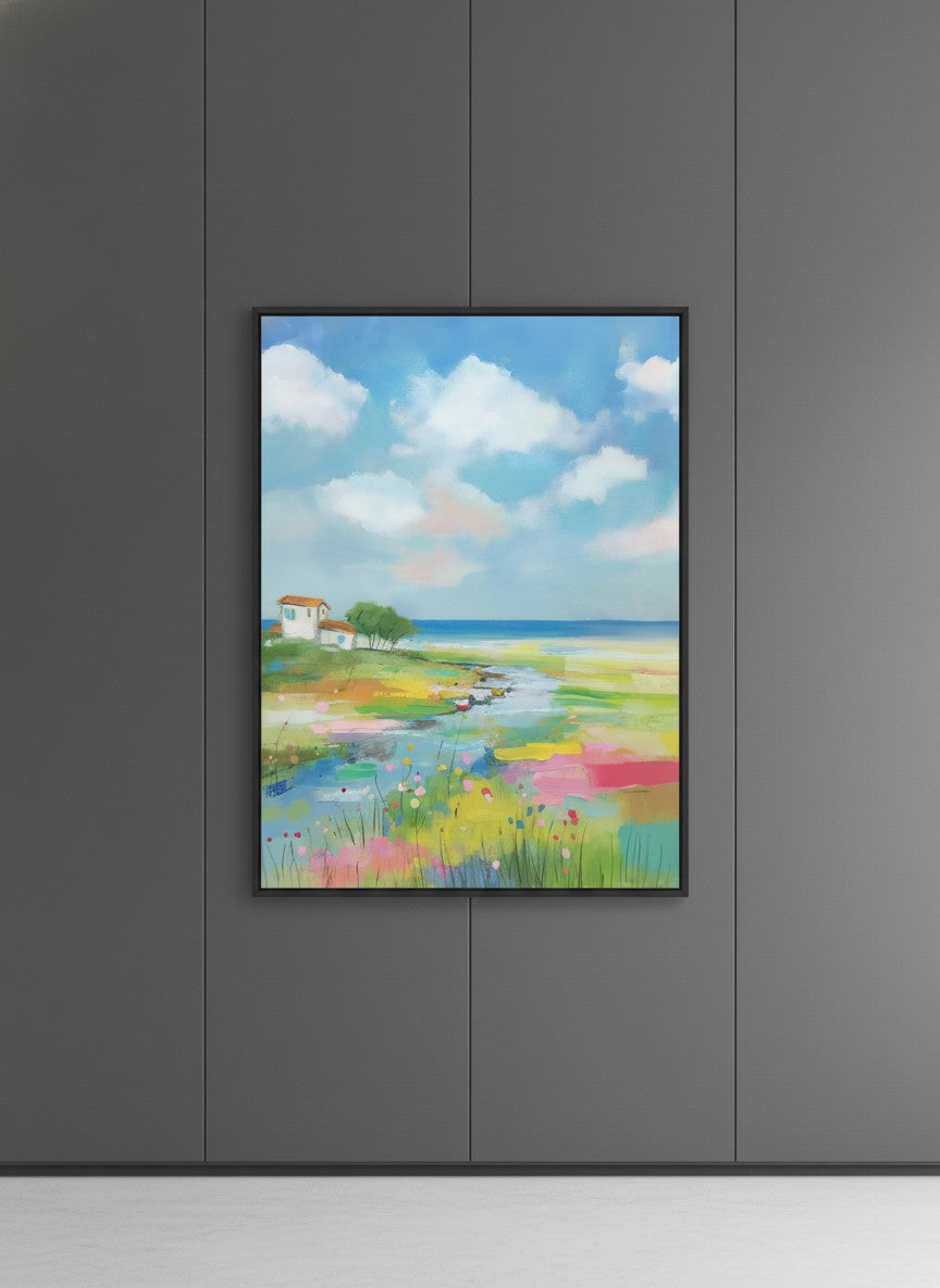 Coastal Wildflower Meadow Landscape art print shown in a charcoal minimal black setting