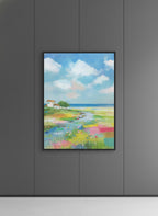 Coastal Wildflower Meadow Landscape art print shown in a charcoal minimal black setting