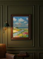 Coastal Wildflower Meadow Landscape art print shown in a dark olive study setting