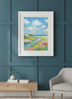Coastal Wildflower Meadow Landscape art print shown in a deep teal modern setting