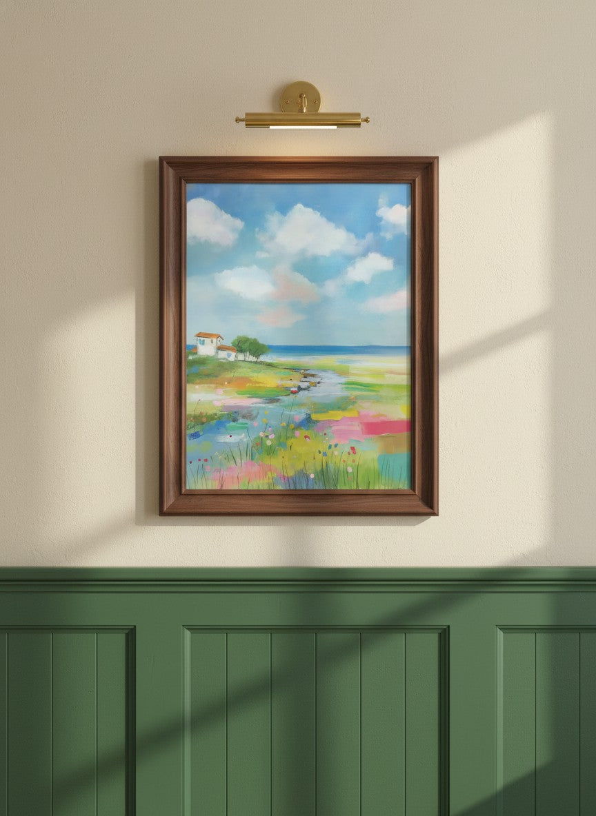 Coastal Wildflower Meadow Landscape art print shown in a forest green walnut setting