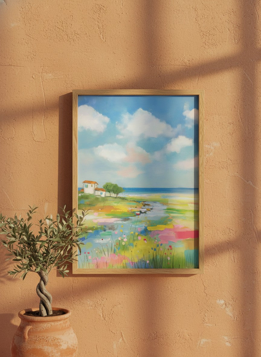 Coastal Wildflower Meadow Landscape art print shown in a terracotta rustic setting