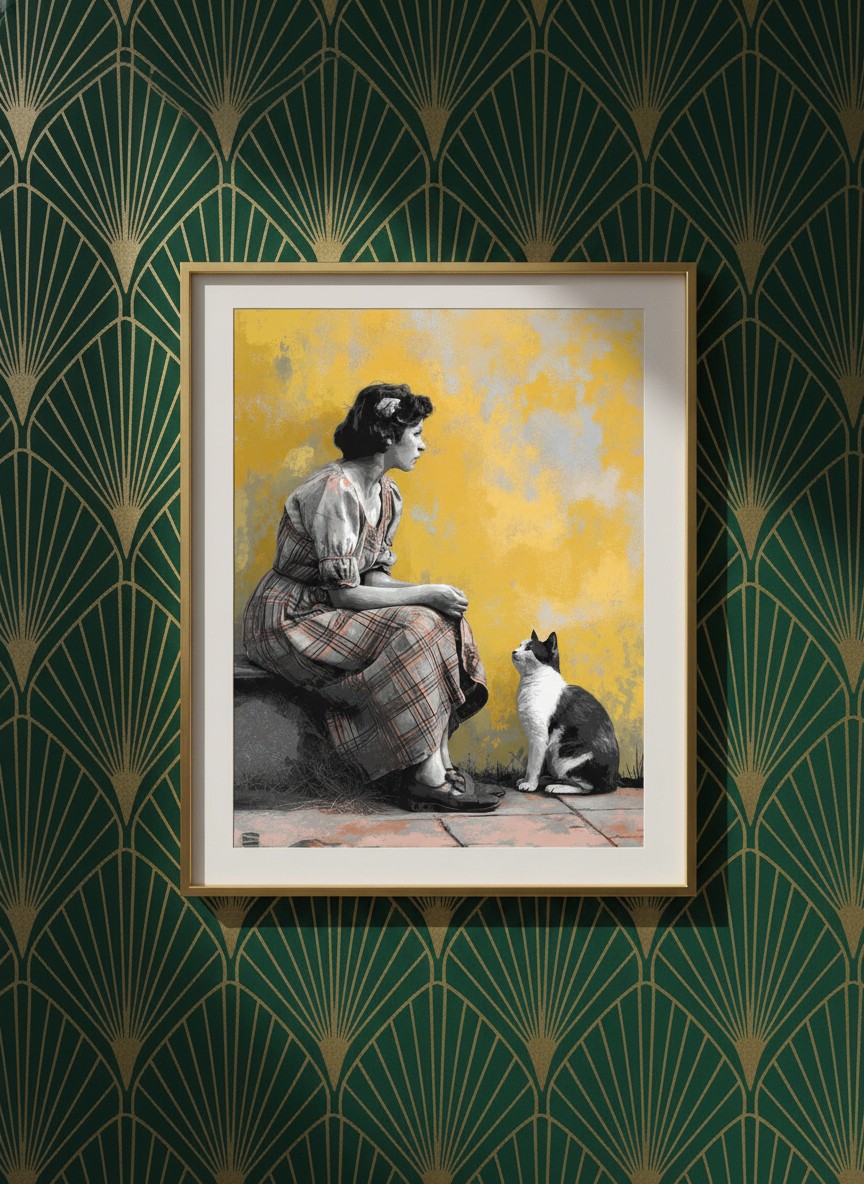 Vintage Woman Cat Art art print shown in a art deco geometric setting