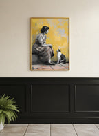Vintage Woman Cat Art art print shown in a black wainscoting gold setting