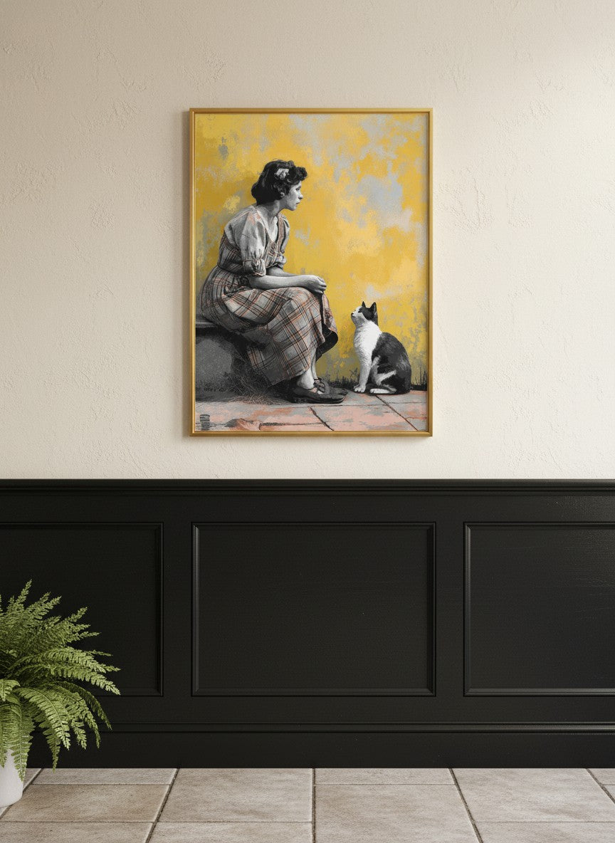 Vintage Woman Cat Art art print shown in a black wainscoting gold setting