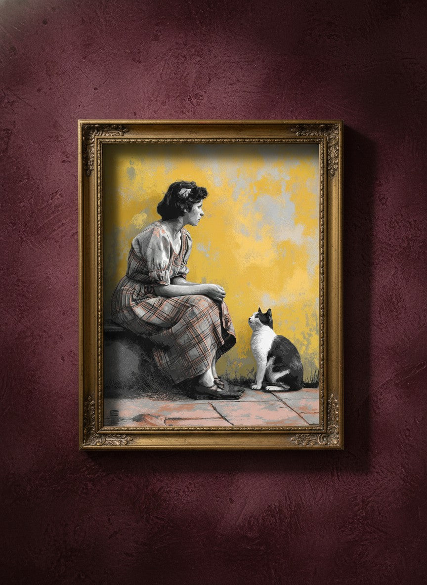 Vintage Woman Cat Art art print shown in a burgundy brass setting