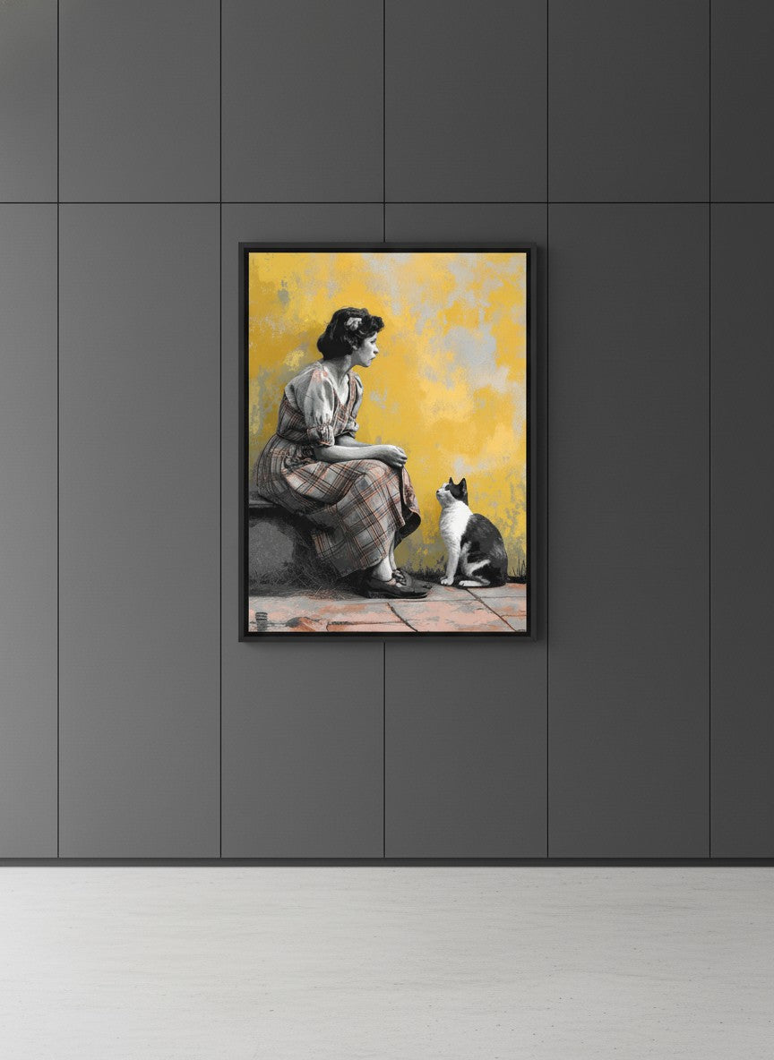 Vintage Woman Cat Art art print shown in a charcoal minimal black setting