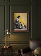 Vintage Woman Cat Art art print shown in a dark olive study setting